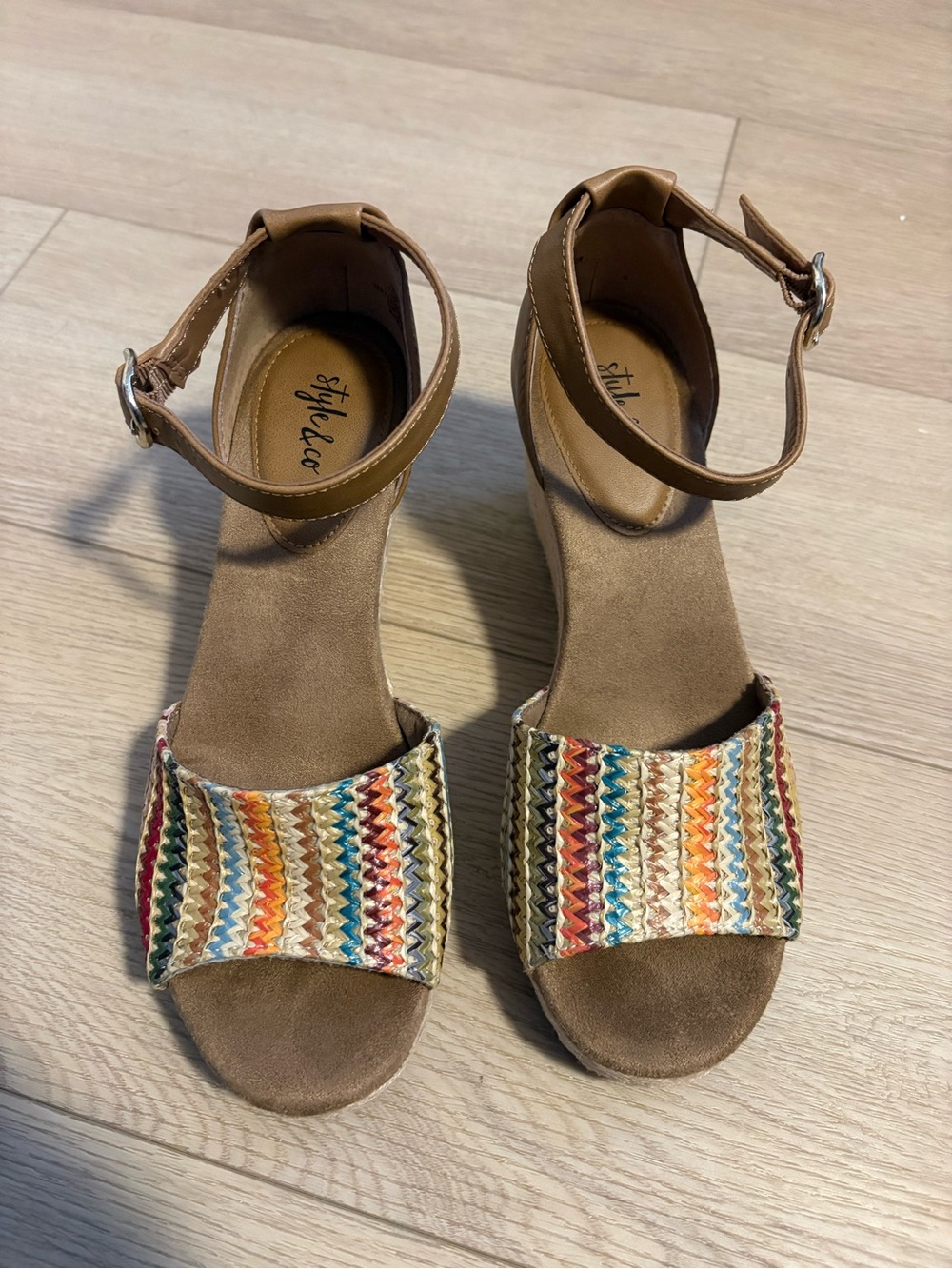 Style & Co. Tan Wedge Sandals with Multicolor Braided Straps (7.5)